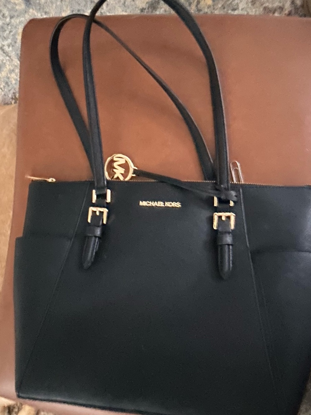 Michael Kors Black Leather Tote with Gold Hardware